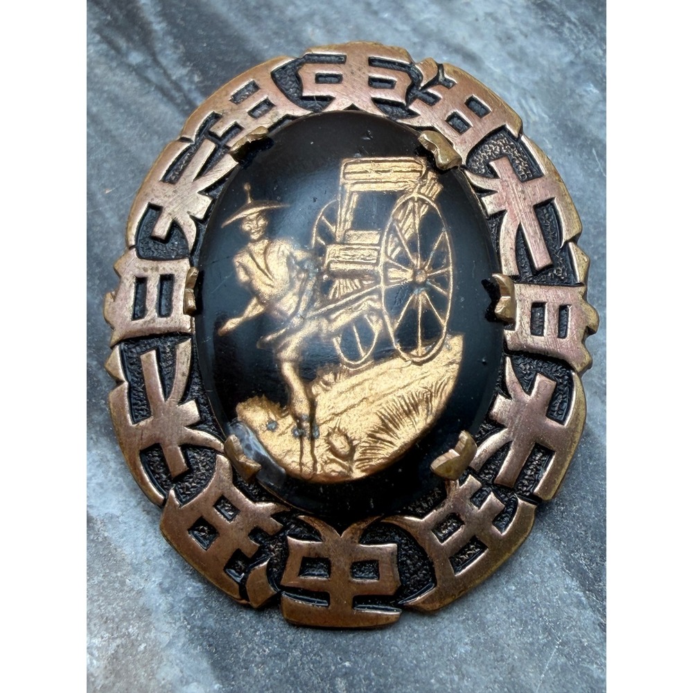 Vintage Damascene Rickshaw Brooch Gold Tone Inlay Japanese Art Deco Pin - Picture 5 of 5